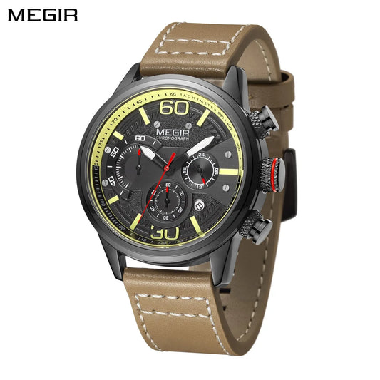 Relojes deportivos MEGIR de lujo para hombre, reloj de pulsera militar de cuarzo con correa de cuero, reloj luminoso resistente al agua con calendario, reloj masculino para hombre