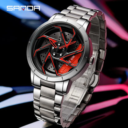 Sanda P1088 Venta caliente reloj de pulsera de acero inoxidable movimiento de cuarzo Premium llanta de coche en forma de rueda esfera giratoria reloj Masculino