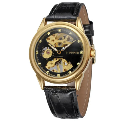 Luxury Mechanical Classic Skeleton Automatic Self Wind Shock Resistant Fashion Black Leather Strap All-match Casual Men Watches