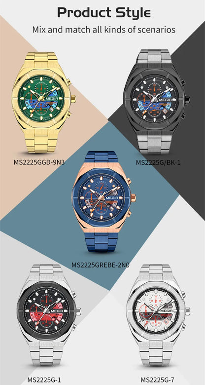 Reloj MEGIR de cuarzo de marca de lujo con cronógrafo para Hombre, Reloj de pulsera con correa de acero inoxidable resistente al agua y fecha, Reloj de pulsera para Hombre