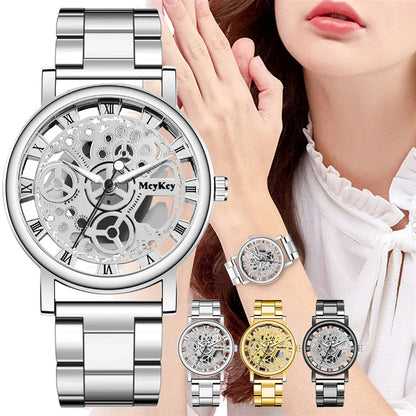 Nuevo reloj mecánico de imitación con esqueleto hueco para mujer, relojes de pulsera de cuarzo de acero inoxidable para mujer, reloj femenino