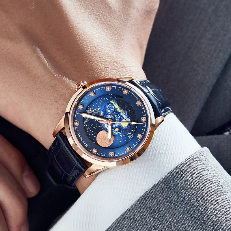 HANBORO Men Automatic Watch Luxury Moon Phase Watches Business Mechanical Wristwatches 50M Waterproof Luminous Sapphire Mirror