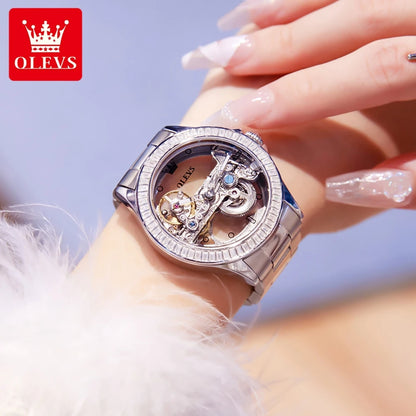 OLEVS Fully Hollow Out Mechanical Watch for Women Luxury Fashion Diamond Lap Ladies Wristwatch Elegant Automatic Women's Watches