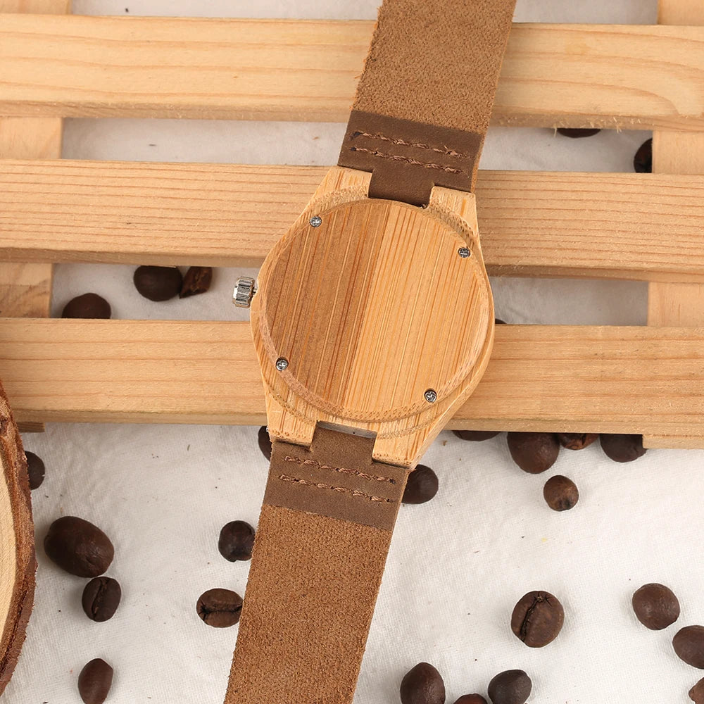 Reloj de pulsera de cuarzo para mujer con esfera marrón café de moda de madera de bambú correa de reloj de cuero genuino reloj de pulsera de madera de estilo Natural para mujer