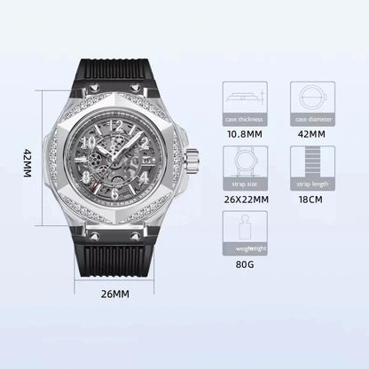 HANBORO Mens Watches Luxury Watch 42mm Automatic Mechanical Wristwatch Acrylic Case Crystal Luminous Skeleton Hexagonal Bezel