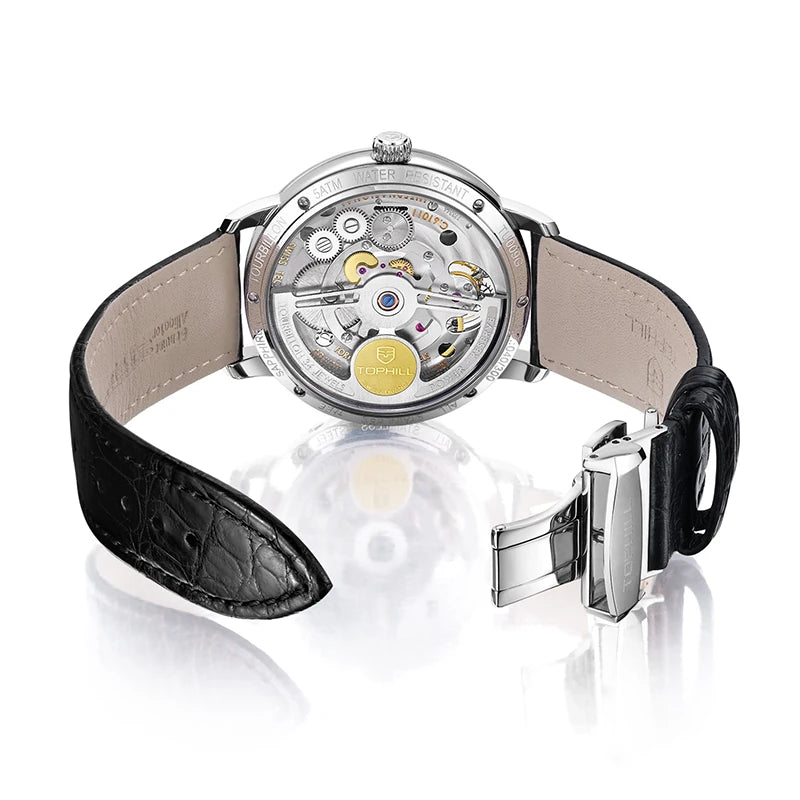 Reloj Tophill Tourbillon para hombre, reloj de pulsera mecánico automático de 42,5mm, correa de cuero de zafiro SL5522B, esfera de reserva de energía