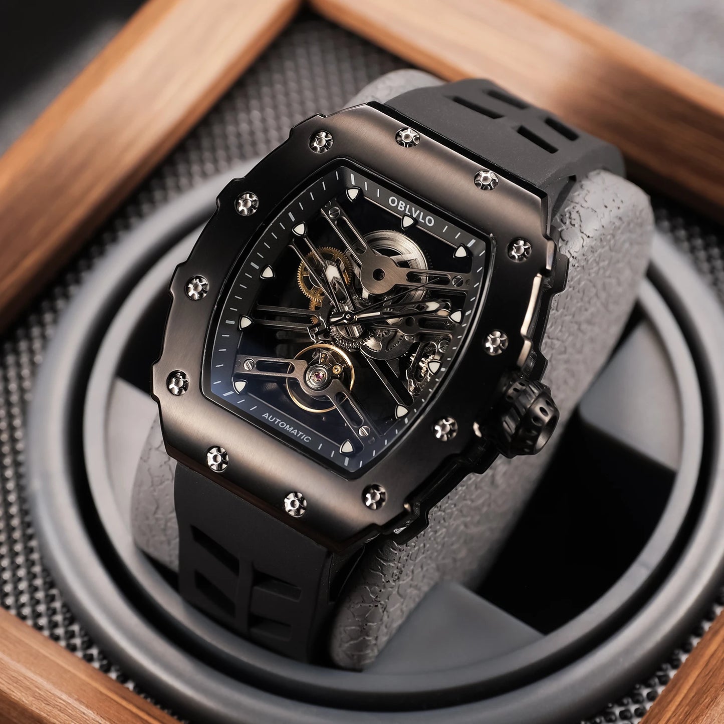 Reloj mecánico automático ahuecado Starship para hombre de marca OBLVLO, caja Tonneau negra completa, relojes de pulsera con correa de goma para hombres EM-S