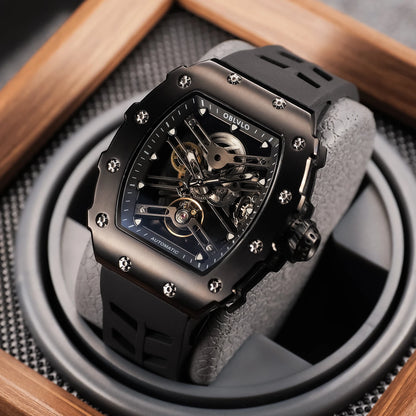 Reloj mecánico automático ahuecado Starship para hombre de marca OBLVLO, caja Tonneau negra completa, relojes de pulsera con correa de goma para hombres EM-S