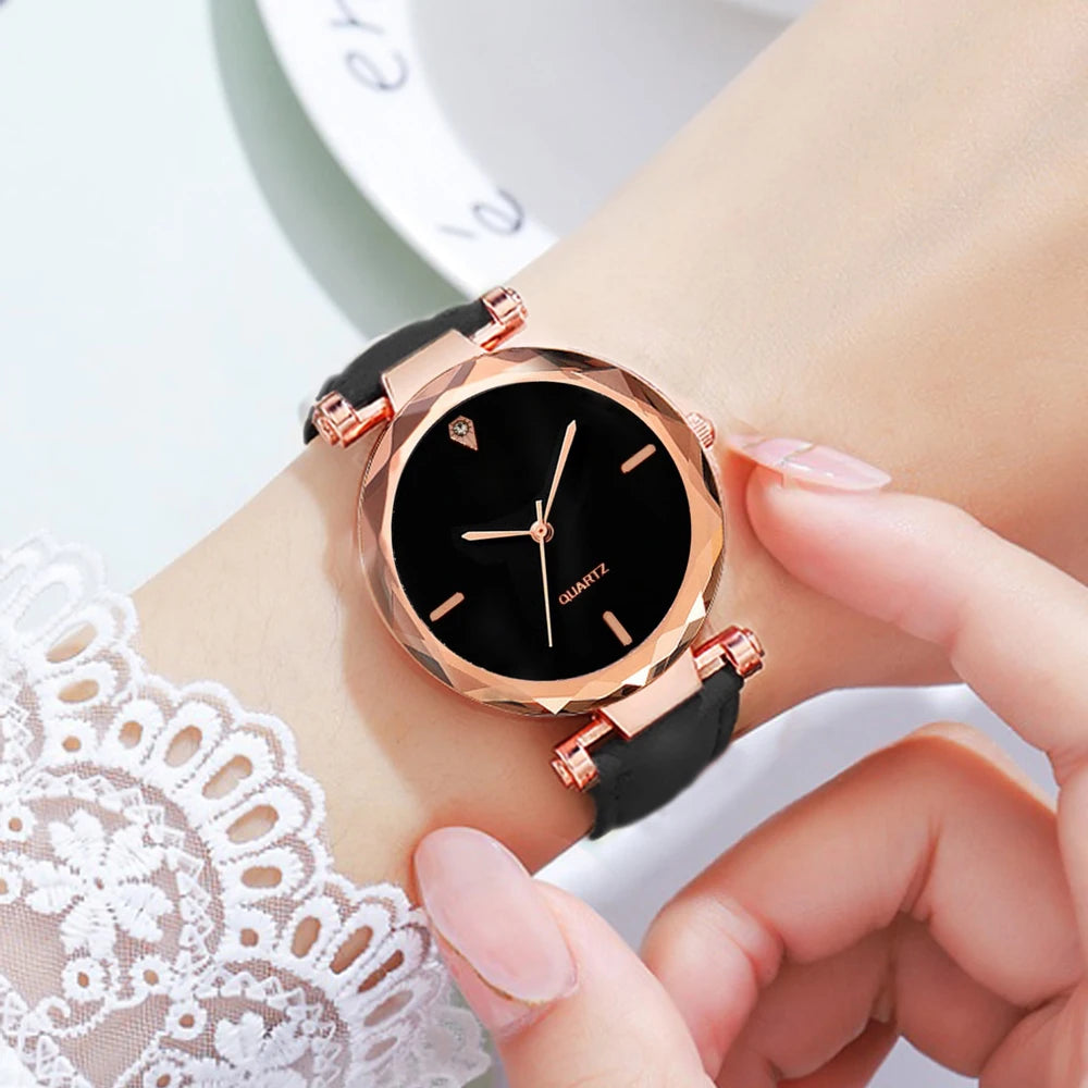 Conjunto de reloj de lujo para mujer, 2 uds., correa de cuero PU, reloj de pulsera de cuarzo para mujer, pulsera de aleación de oro rosa con diamantes de imitación para regalo de mujer