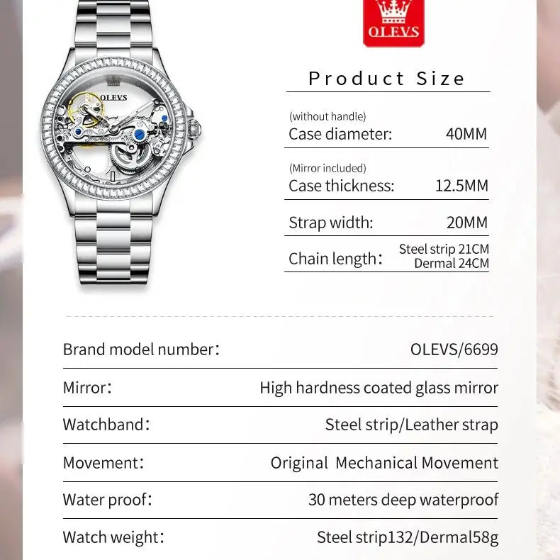 OLEVS 6699 Automatic Mechanical Women's Watch Transparent 40mm Big Dial Design Bracelet Watch Set Gift Luxury Watch for Women