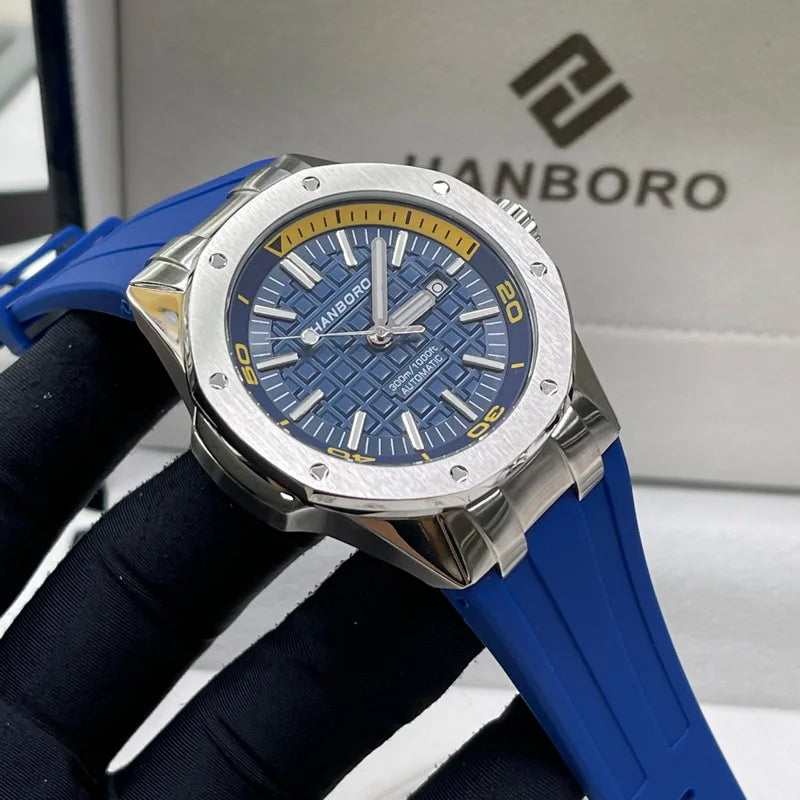 HANBORO, reloj de lujo para hombre, relojes automáticos de piloto, reloj de pulsera mecánico de moda, correa de goma de zafiro luminosa resistente al agua