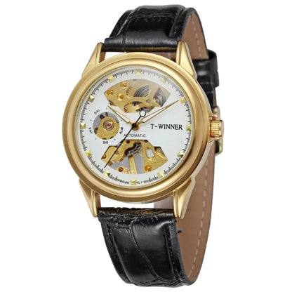 Luxury Mechanical Classic Skeleton Automatic Self Wind Shock Resistant Fashion Black Leather Strap All-match Casual Men Watches