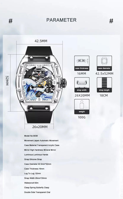 HANBORO メンズ 自動巻き腕時計 42.5mm*52mm 機械式腕時計 トノー型 透明アクリルケース 防水 発光波文字盤