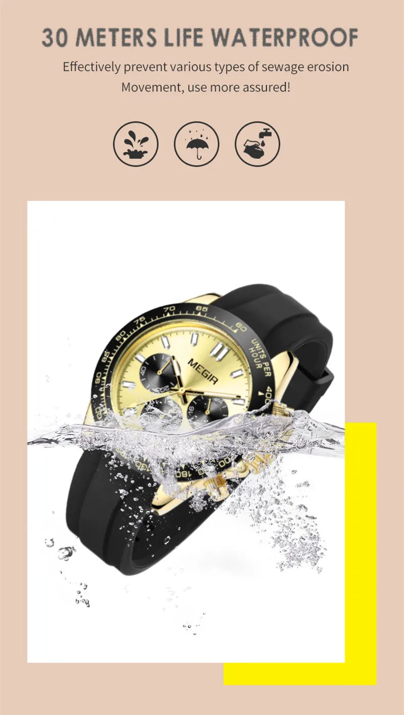 Relojes MEGIR de cuarzo para hombre, relojes de pulsera deportivos con correa de silicona para hombre, reloj informal de moda, reloj cronógrafo para hombre, relojes Masculino