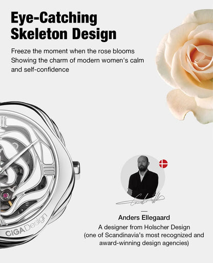 Reloj mecánico CIGA Design Denmark Rose para mujer, movimiento automático/reloj de pulsera de cuarzo japonés, reloj de pulsera de acero inoxidable