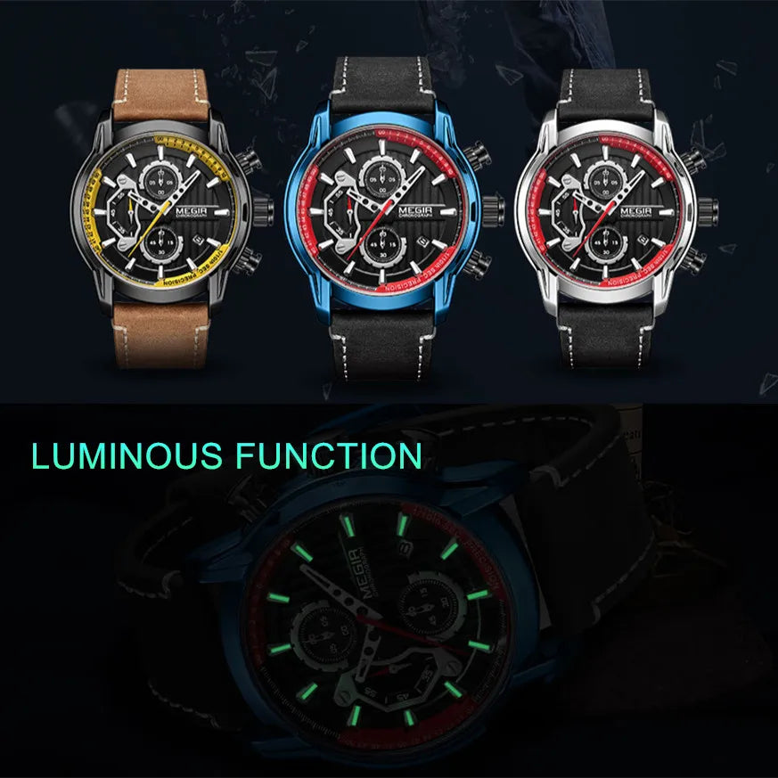 MEGIR Fashion Men's Sports Watches Chronograph Luxury Quartz Clock Leather Casual Wristwatch Army Military Watch Reloj Hombre