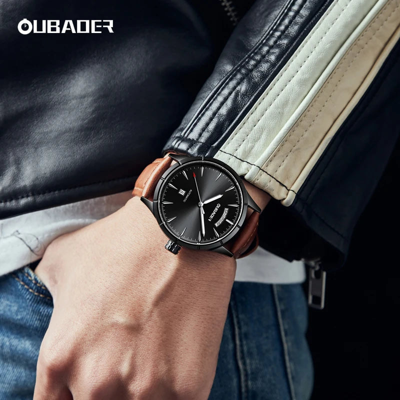 OUBAOER Military Automatic Men’s Watches Leather Day Date Mechanical Dress Wristwatch Waterproof Clock for Men Army Montre Homme