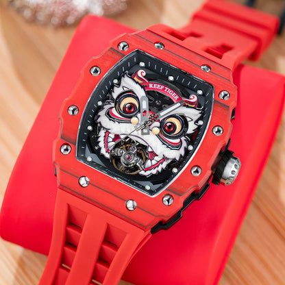 REEF TIGER Lion Dance Design Men’s Automatic Watch Tonneau Super Lumious Red Rubber Band Waterproof Mechanical Watches RGA3009-L