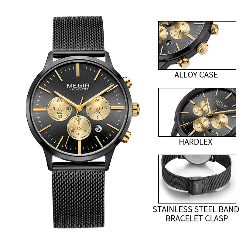 Reloj MEGIR a la moda para mujer, reloj de pulsera con correa de acero inoxidable de lujo para mujer, relojes de cuarzo con fecha resistente al agua, cronógrafo, reloj para mujer