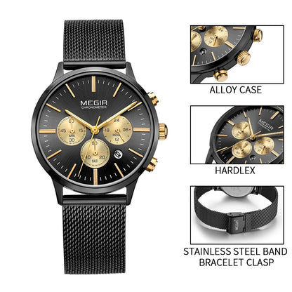 Reloj MEGIR a la moda para mujer, reloj de pulsera con correa de acero inoxidable de lujo para mujer, relojes de cuarzo con fecha resistente al agua, cronógrafo, reloj para mujer