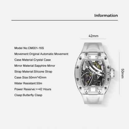 CRONUSART Men Automatic Watch 50mm Tonneau Mechanical Wristwatch Acrylic Case Luminous Fluororubber Strap Hollow Out Dial