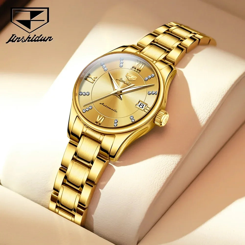 JSDUN 8933 relojes de pulsera mecánicos automáticos para mujer, relojes impermeables con correa de acero inoxidable a la moda para mujer, calendario