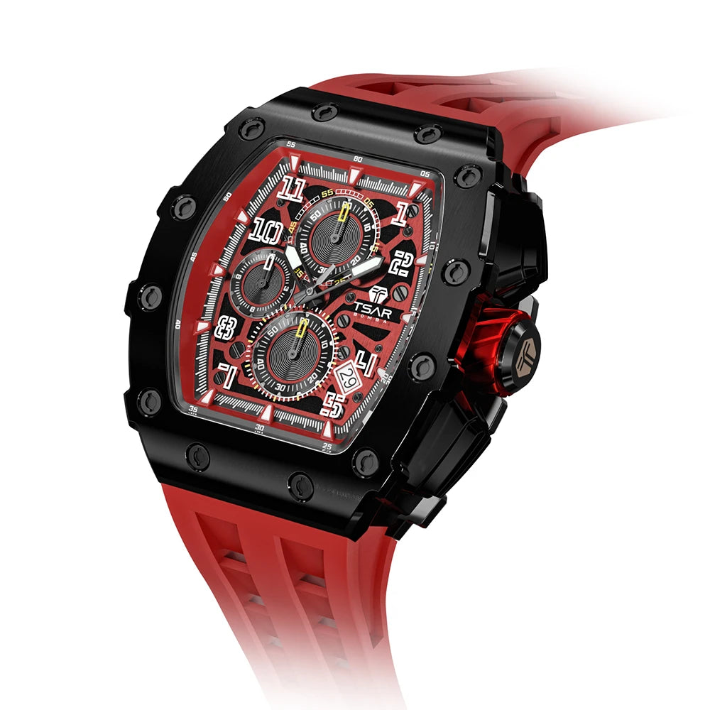 Relojes TSAR BOMBA Tonneau para hombre, reloj de pulsera rojo con cristal de zafiro, cronógrafo resistente al agua, reloj con fecha, regalo de Navidad de lujo para hombres