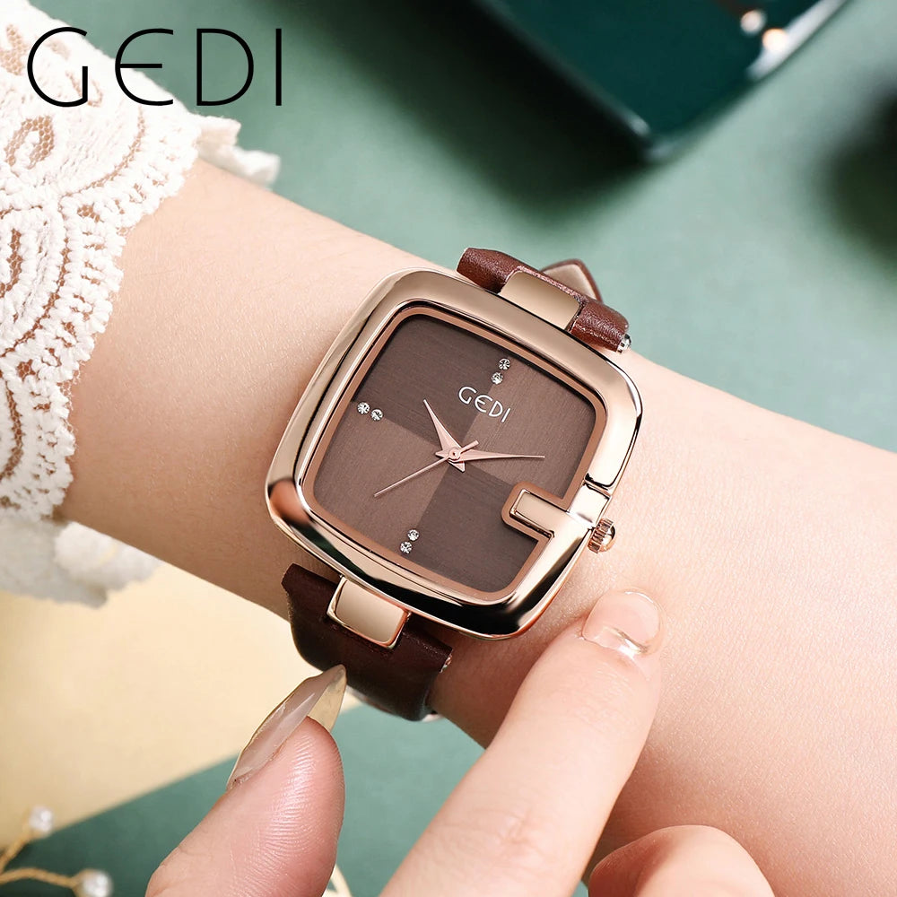 Fashin Gedi Brand Women Square Clock Minimalist Waterproof Quartz Ladies Clock Brown Leather Casual Simple Female Wrist Watches