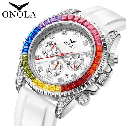 Reloj de cuarzo para hombre de alta calidad con diamantes de colores a la moda ONOLA cinta de silicona reloj resistente al agua reloj para hombre