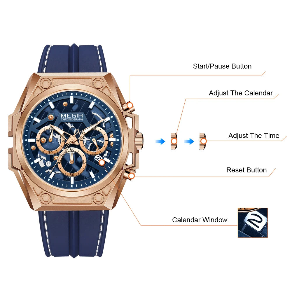 Relojes MEGIR para hombre, marca de lujo, cronógrafo deportivo de silicona, reloj de cuarzo militar, calendario, reloj de pulsera resistente al agua para hombre, reloj con fecha