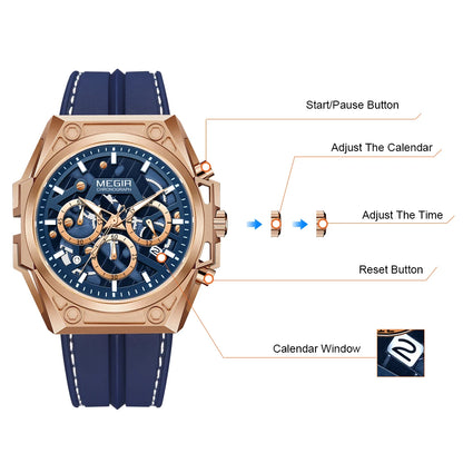 Relojes MEGIR para hombre, marca de lujo, cronógrafo deportivo de silicona, reloj de cuarzo militar, calendario, reloj de pulsera resistente al agua para hombre, reloj con fecha