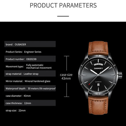 OUBAOER Military Automatic Men’s Watches Leather Day Date Mechanical Dress Wristwatch Waterproof Clock for Men Army Montre Homme