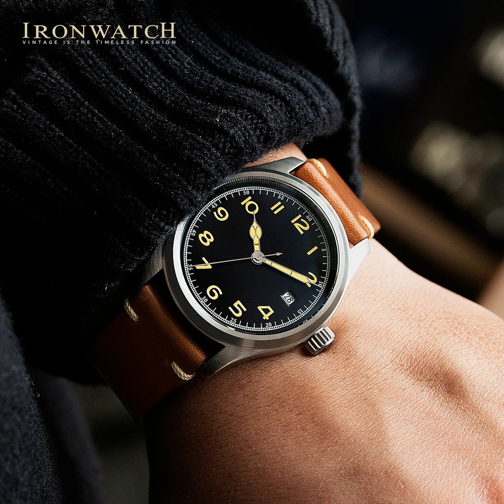 Ironwatch 38mm Military Men's Watches Mechanical Automatic Movement Sapphire Crystal Luminous 10Bar Waterproof Hand Clock