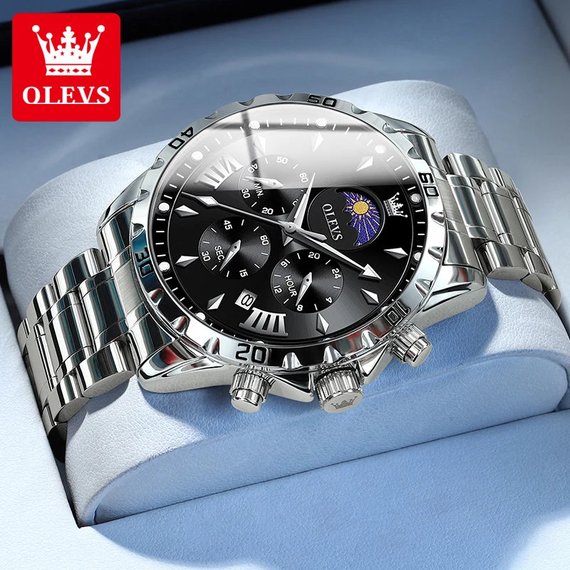 OLEVS Original Moon Phase Men Watches Luminous Skeleton Waterproof Quartz Watch Calendar Chronograph Stainless Steel Wristwatch