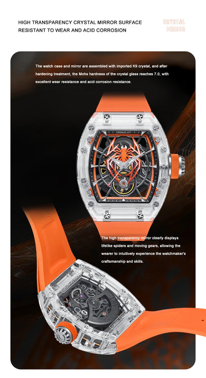 CRONUSART Men Automatic Watch Tonneau Mechanical Wristwatch High Transparency Acrylic Case Fluororubber Strap Skeleton Spide