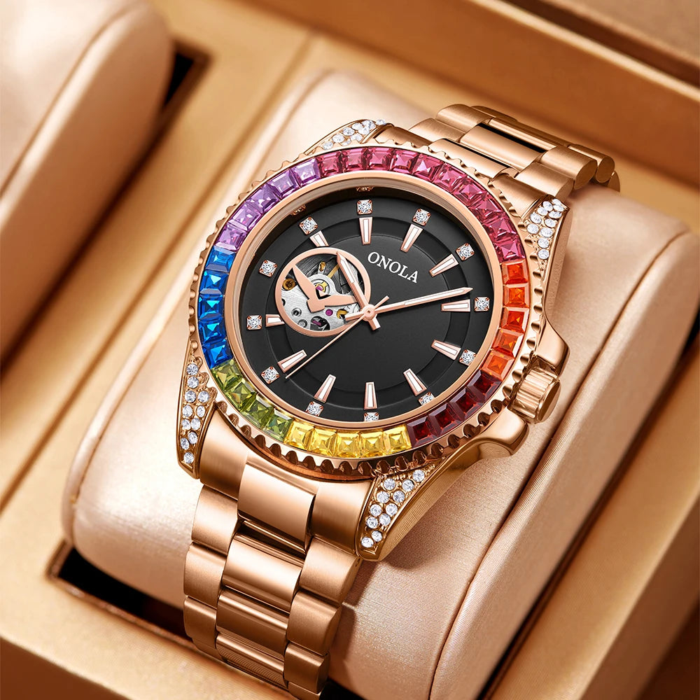 Reloj ahuecado con diamantes de colores a la moda para hombre ONOLA correa de precisión mecánica completamente automática para reloj de hombre