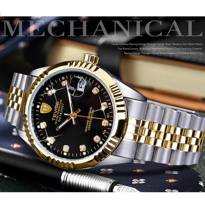 TEVISE marca de lujo diamante oro negro reloj de moda acero inoxidable reloj mecánico automático calendario regalo único para hombres