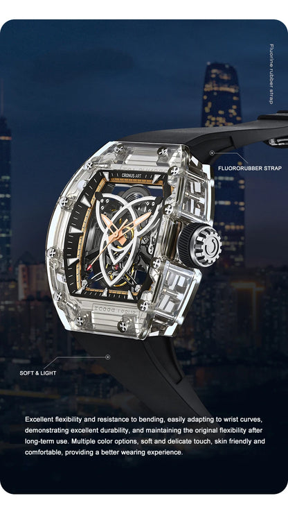 CRONUSART Men Automatic Watch Tonneau Mechanical Wristwatch High Transparency Acrylic Case Fluororubber Strap Skeleton Dial