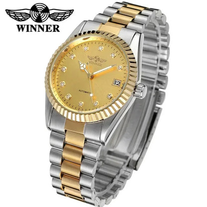 Reloj de pulsera para hombre de oro de lujo de la mejor marca WINNER, reloj de negocios para hombre, relojes mecánicos automáticos, esqueleto de acero para hombre