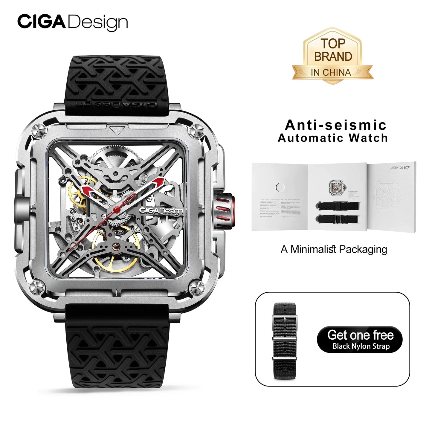 Relojes mecánicos CIGA Design X Series para hombre, reloj esqueleto con movimiento automático, carcasa plateada antisísmica 316L, cristal de zafiro