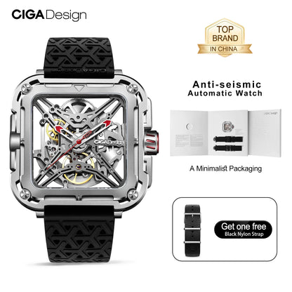 Relojes mecánicos CIGA Design X Series para hombre, reloj esqueleto con movimiento automático, carcasa plateada antisísmica 316L, cristal de zafiro