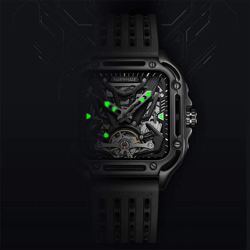 Mark Fairwhale Men Automatic Watch 42mm Square Luxury Watches 21 Jewels Mechanical Wristwatch Waterproof Luminous Skeleton Dial