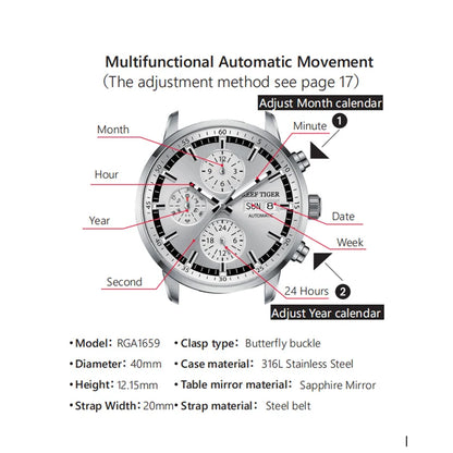 Reef Tiger/RT marca superior reloj mecánico automático de acero con fecha reloj informal para hombre resistente al agua reloj Masculino RGA1659