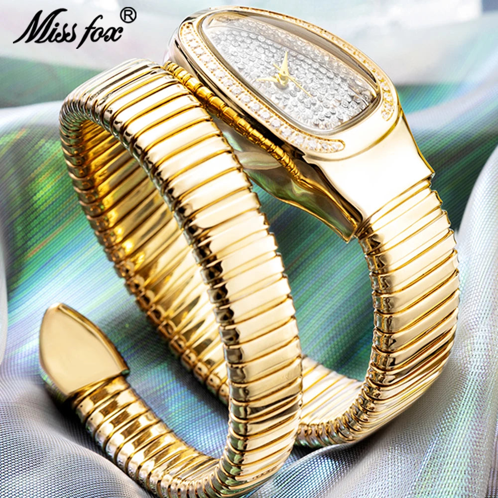 Fashion Brands MISSFOX Luxury Gold Snake Women Watch Full Steel Quartz Wristwatches Hip Hop Diamond Jewelry Bracelet Lady Clocks