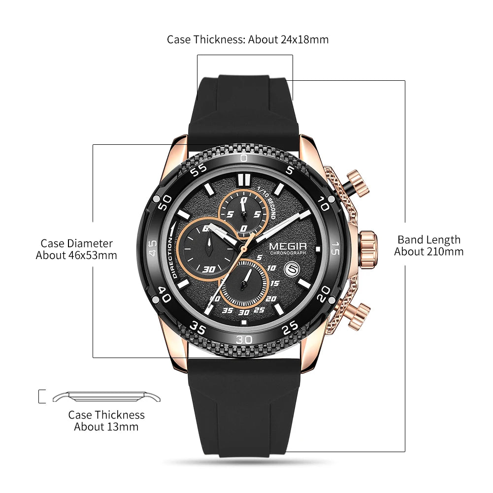 Reloj MEGIR a la moda para Hombre, Reloj de pulsera deportivo de silicona, cronógrafo de cuarzo, Esfera Grande, manecillas luminosas, Reloj con fecha para Hombre