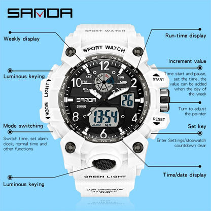 Fashion Sanda Brand Youth Military Sports Trend Korean Electric Led Multifunction Lady Creative Personality Student Gift Watch