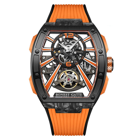 BONEST GATTI Men Automatic Watch Luxury Carbon Fiber Tonneau Case Mechanical Wristwatch Waterproof Sapphire Luminous