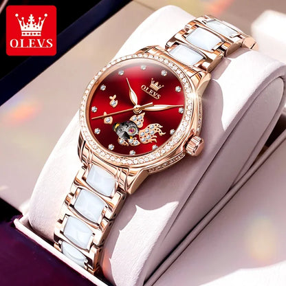 OLEVS 7001 relojes para mujer, reloj de pulsera mecánico a la moda, reloj con esfera con anillo y taladro para carpa Luck Koi para mujer, cerámica resistente al agua