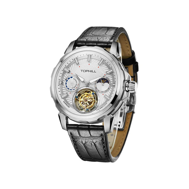 Reloj Tophill Tourbillon para hombre, reloj de pulsera mecánico de cuerda Manual de 43mm, correa de cuero de zafiro SL5221, esfera de reserva de energía 24 horas