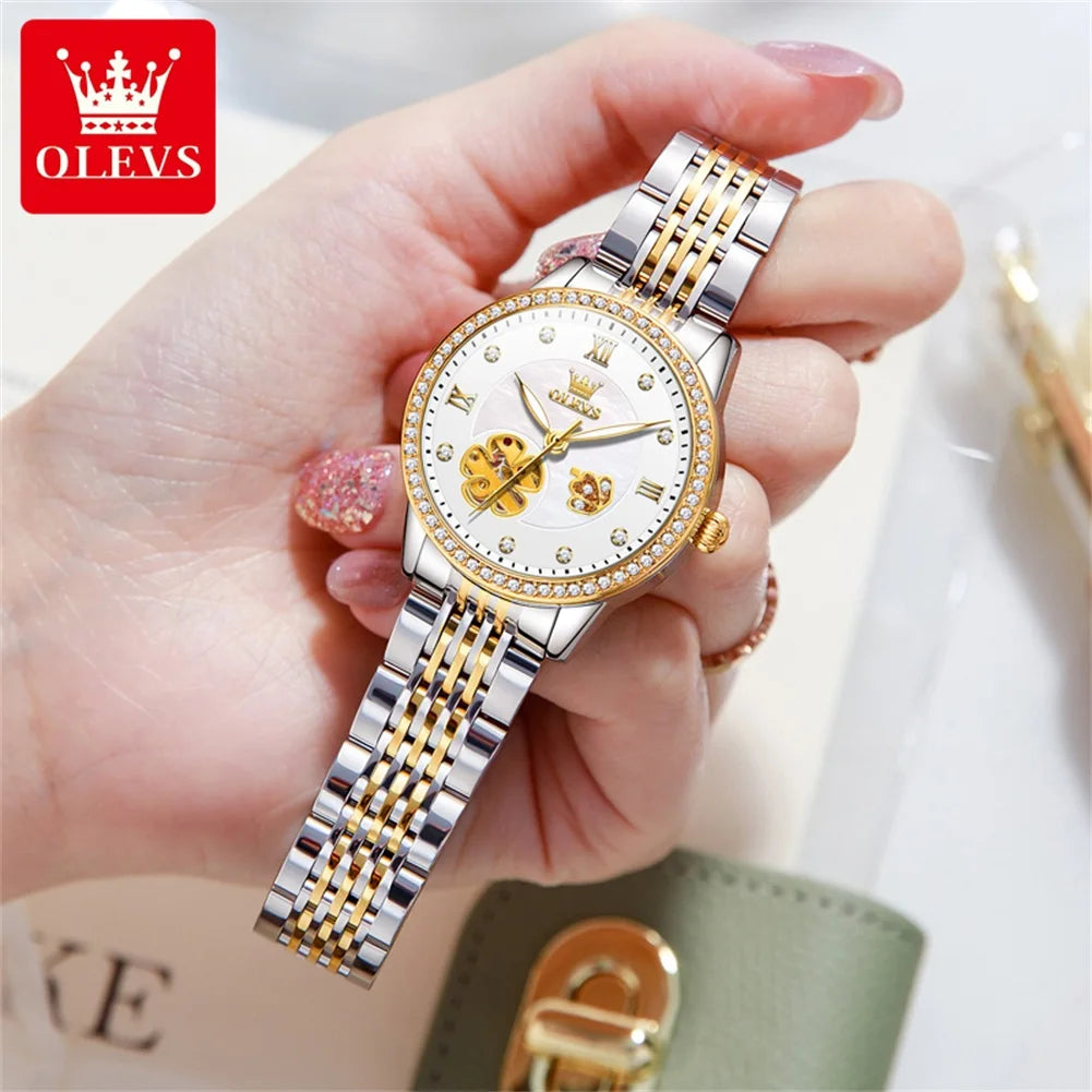 OLEVS 6706 New Diamond Luxury Automatic Wrist Watch Hollow Original Mechanical Watch For Women Roman Scale Waterproof Hand Clock